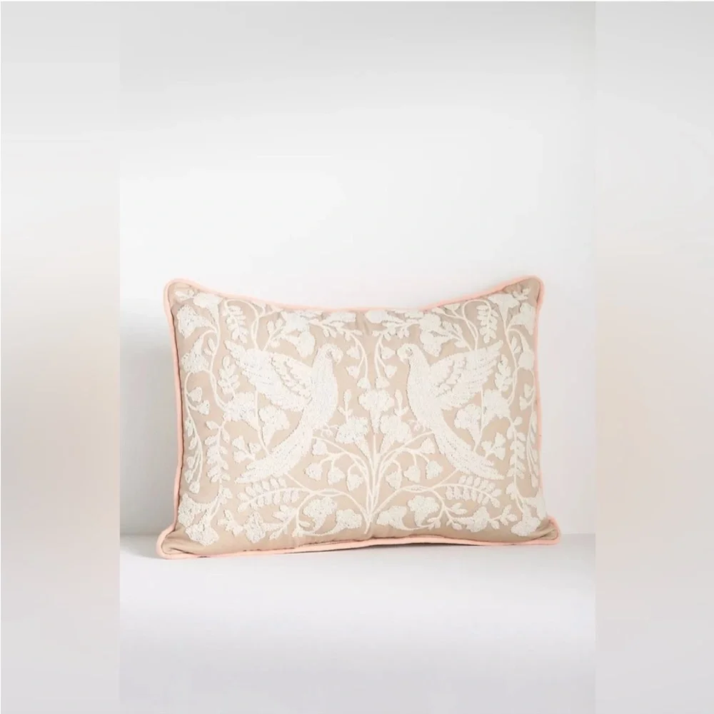 New Anthropologie Kenia Embroidered Floral Dove Indoor/ Outdoor Pillow